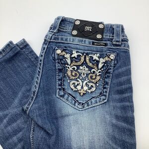 Miss Me Blue Embroidered Ankle Jeans with Silver & Gold Accents